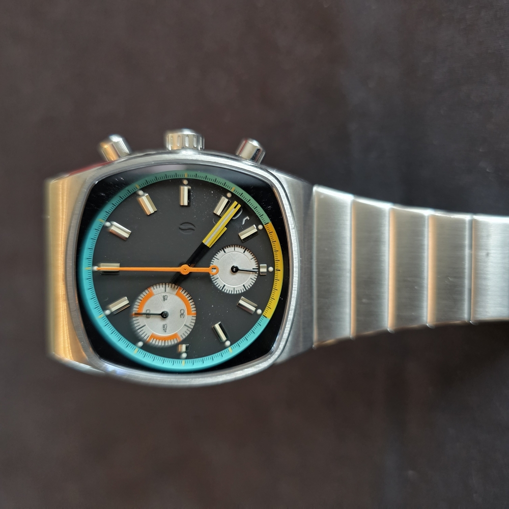 Silver and Blue Chronograph Watch with Square Case